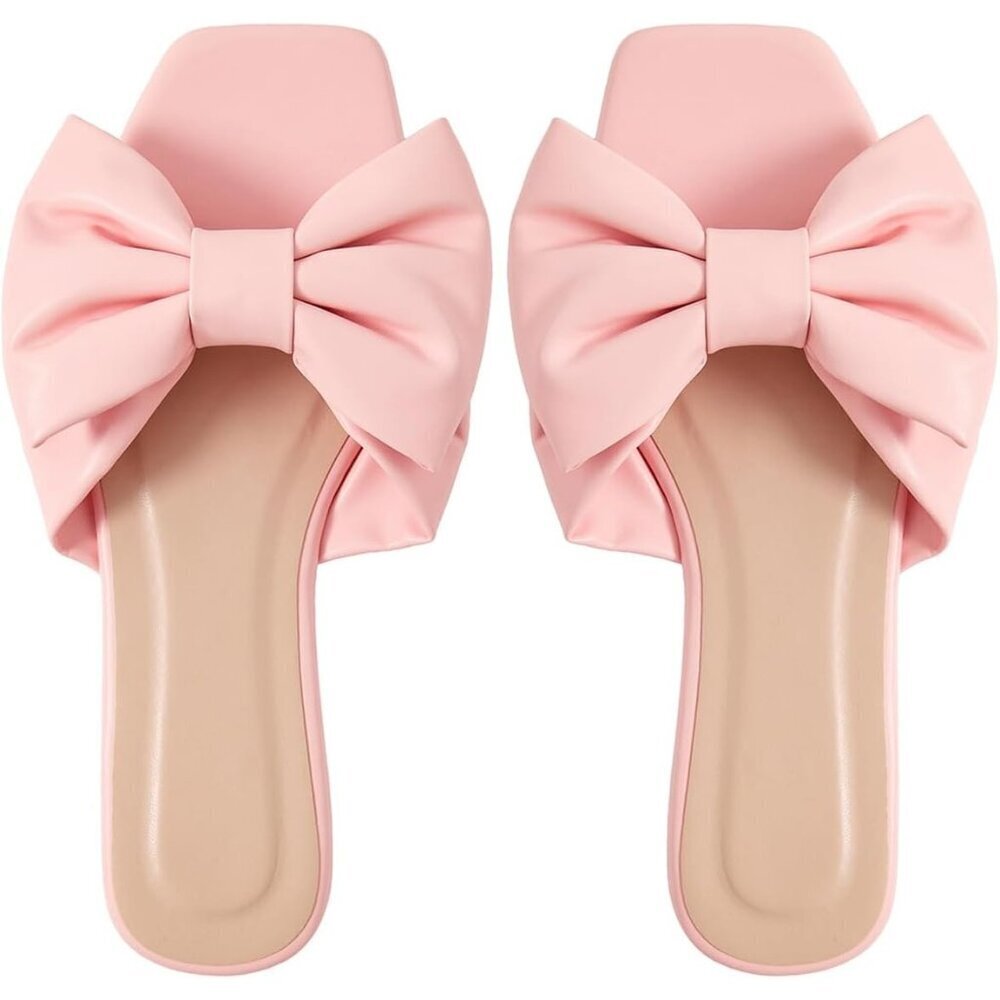 Women's Bow Pink Square Open Toe Breathable Slip On Slide Sandals Flat Shoes